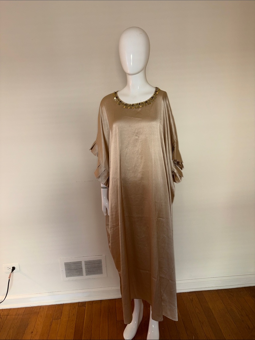 Ashro Champagne Satin Maxi with Beaded Neckline